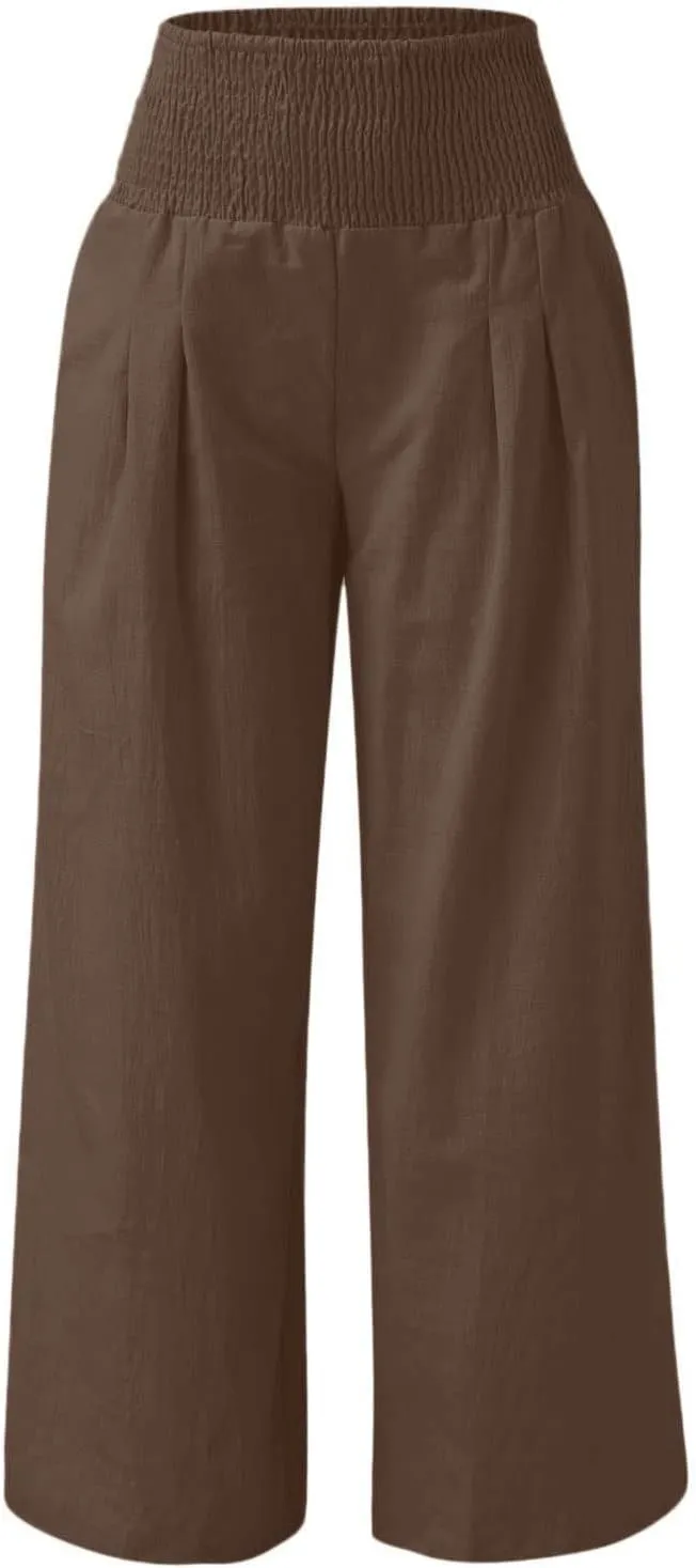 2024 Women Linen Palazzo Pants Wide Leg High Waist Lounge Summer Casual Boho Trousers Travel Vacation Outfits