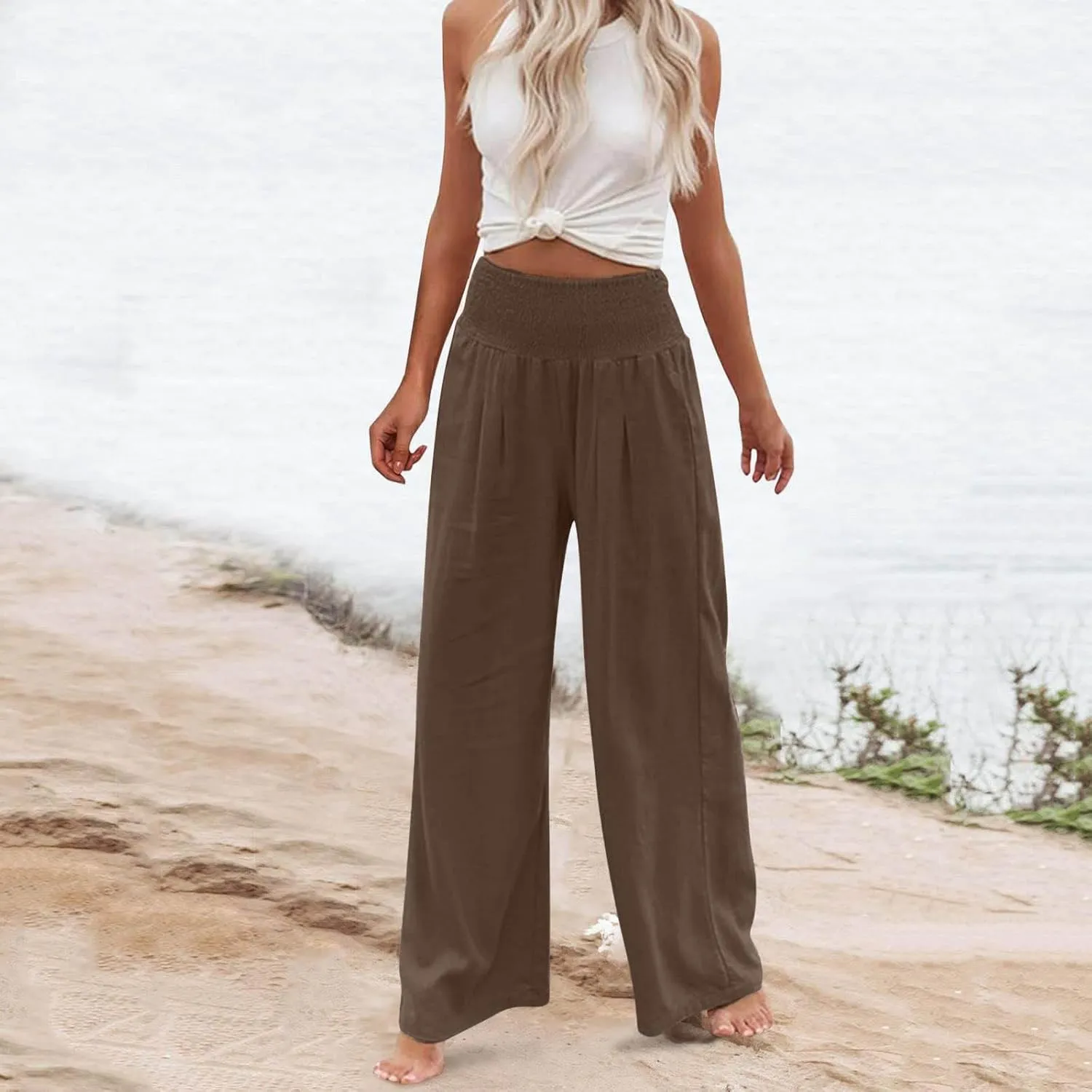 2024 Women Linen Palazzo Pants Wide Leg High Waist Lounge Summer Casual Boho Trousers Travel Vacation Outfits