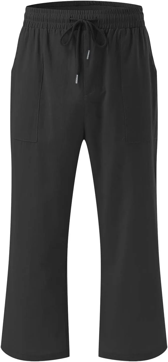 2PC Linen Trousers for Womens - Summer Solid Color Drawstring Waist Wide Leg Cropped Pants with Pockets, Loose Fit