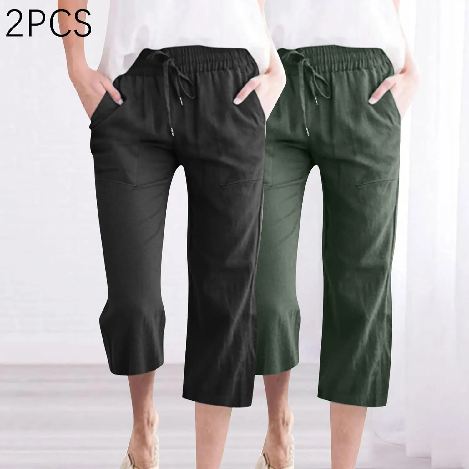 2PC Linen Trousers for Womens - Summer Solid Color Drawstring Waist Wide Leg Cropped Pants with Pockets, Loose Fit