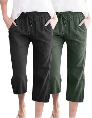 2PC Linen Trousers for Womens - Summer Solid Color Drawstring Waist Wide Leg Cropped Pants with Pockets, Loose Fit