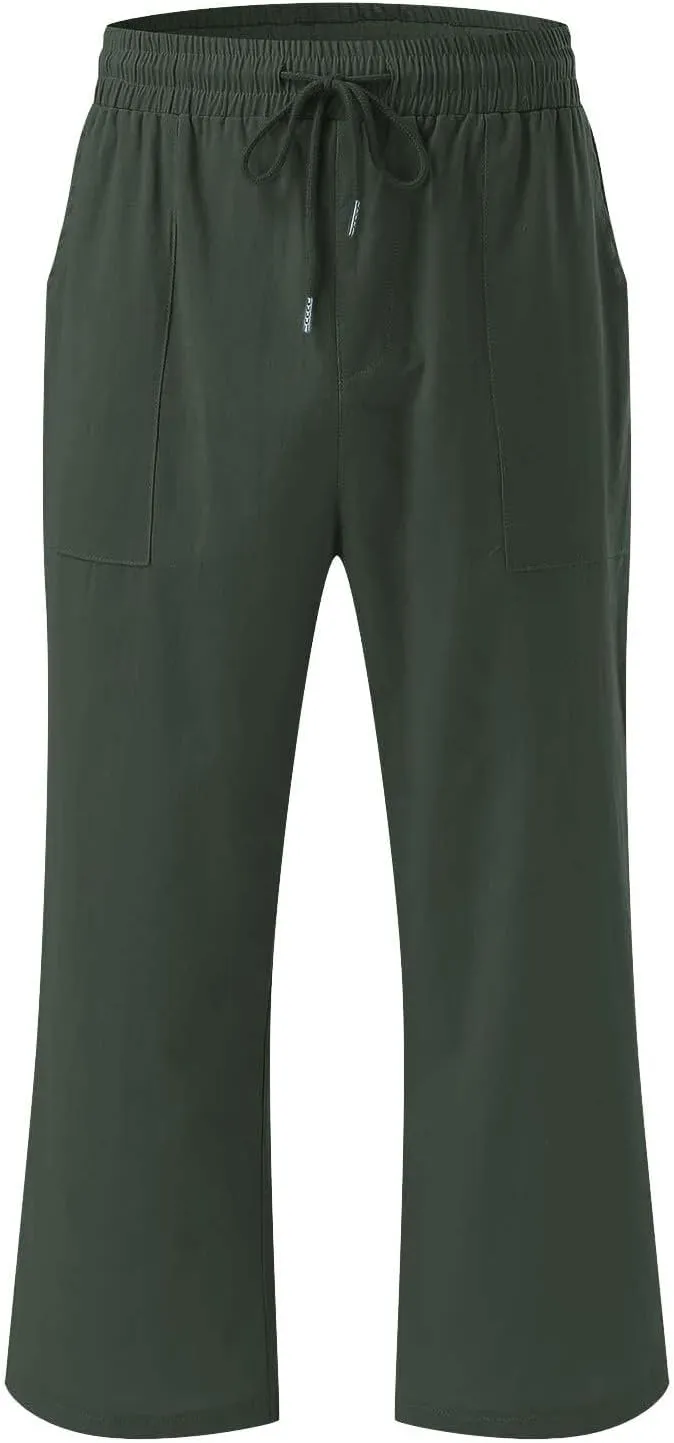2PC Linen Trousers for Womens - Summer Solid Color Drawstring Waist Wide Leg Cropped Pants with Pockets, Loose Fit