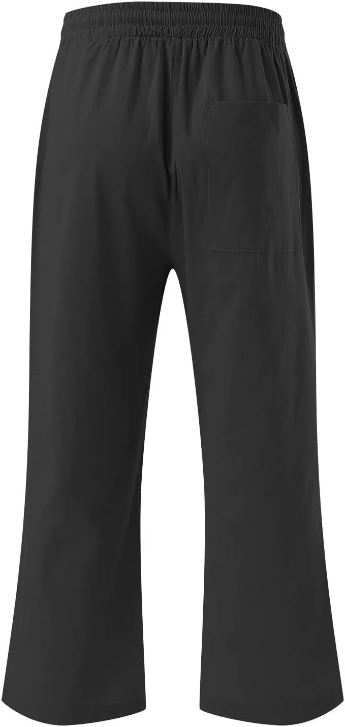 2PC Linen Trousers for Womens - Summer Solid Color Drawstring Waist Wide Leg Cropped Pants with Pockets, Loose Fit