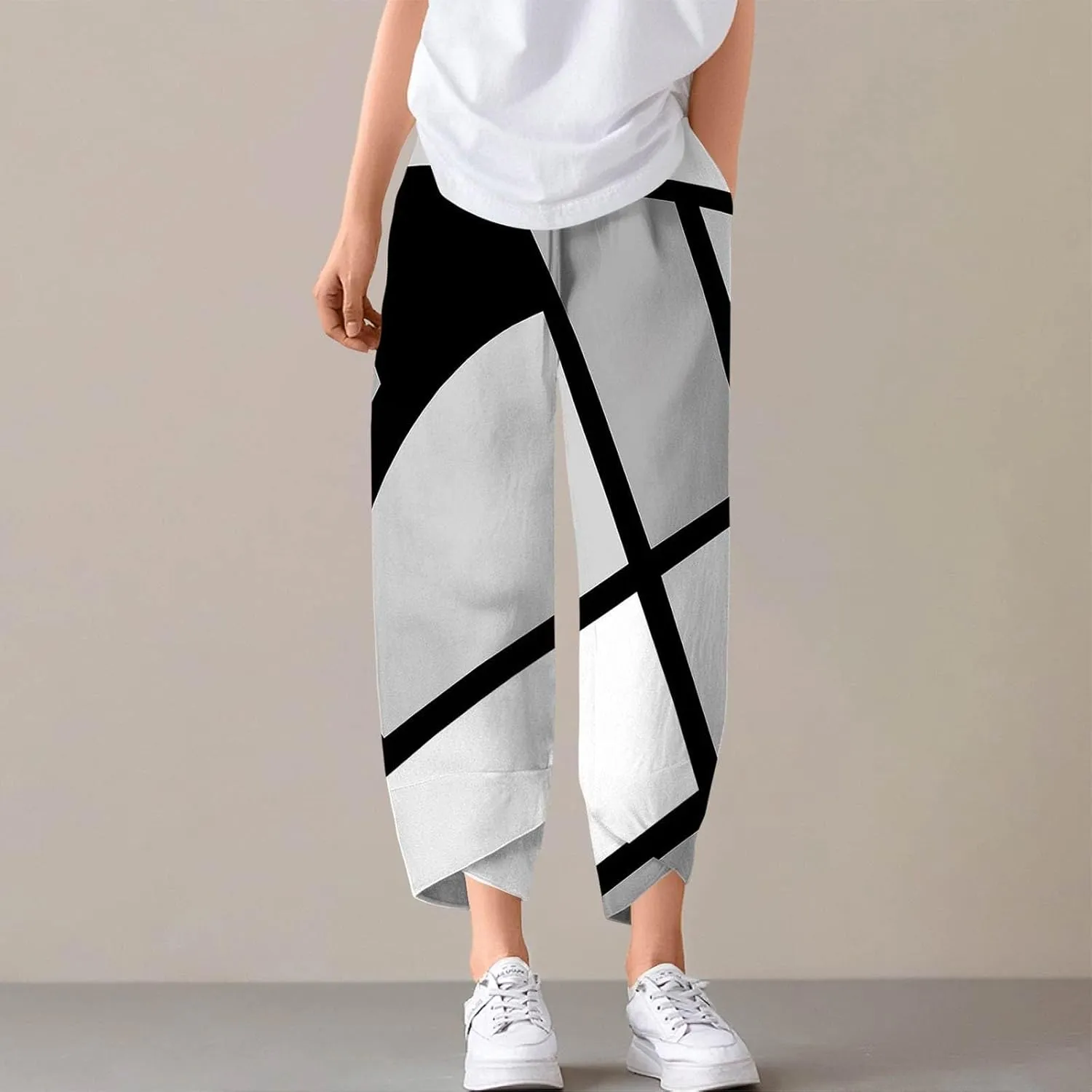 ADHOWBEW Capri Pants for Women Drawstring Lounge Casual Flowy Wide Leg High Waist Cotton Trendy Dressy Trousers with Pockets