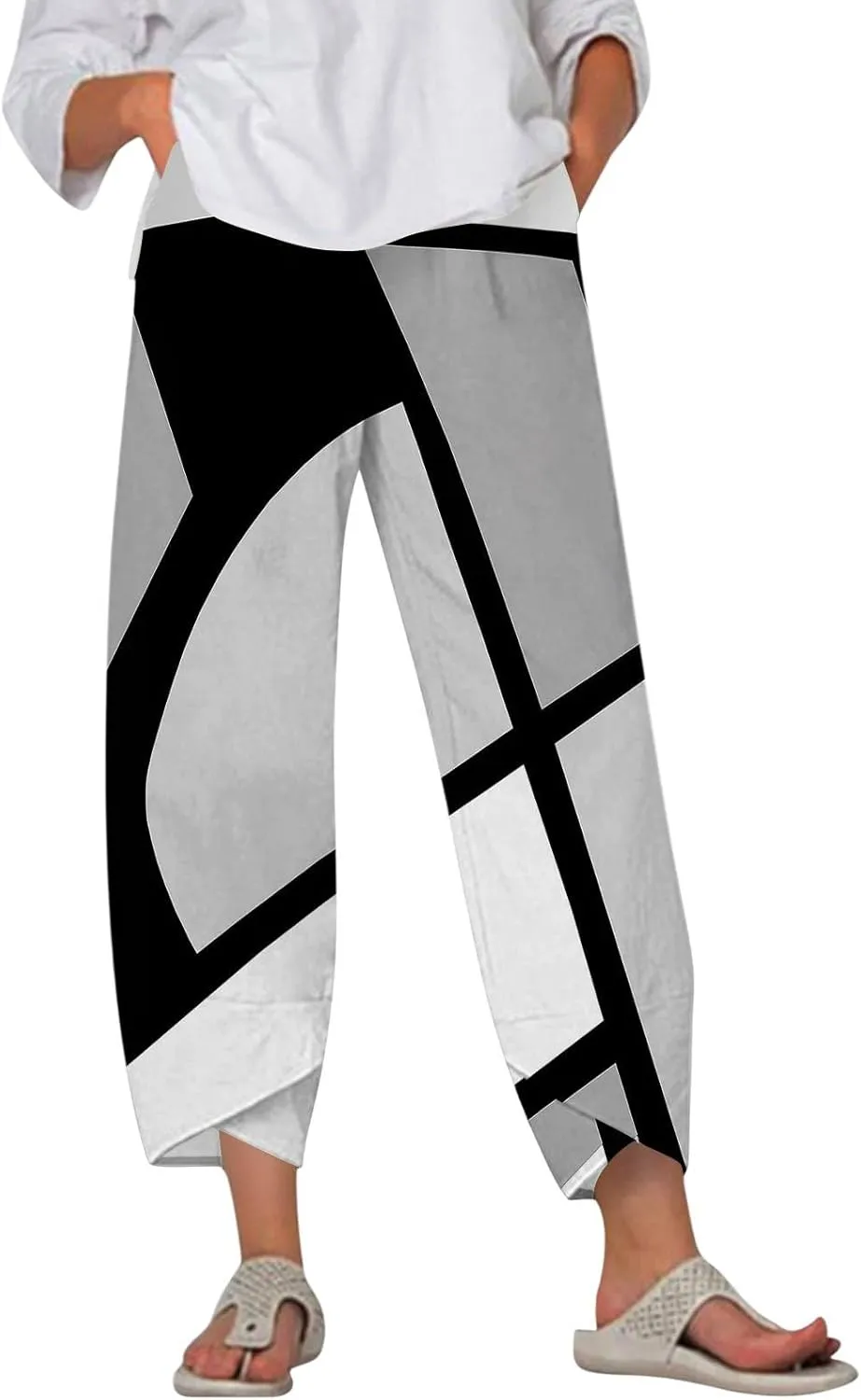ADHOWBEW Capri Pants for Women Drawstring Lounge Casual Flowy Wide Leg High Waist Cotton Trendy Dressy Trousers with Pockets