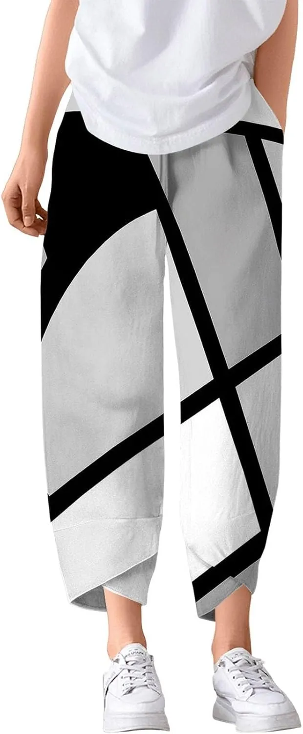 ADHOWBEW Capri Pants for Women Drawstring Lounge Casual Flowy Wide Leg High Waist Cotton Trendy Dressy Trousers with Pockets