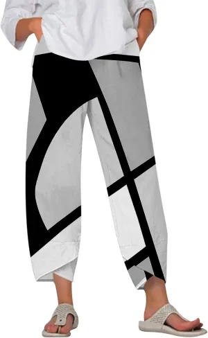 ADHOWBEW Capri Pants for Women Drawstring Lounge Casual Flowy Wide Leg High Waist Cotton Trendy Dressy Trousers with Pockets