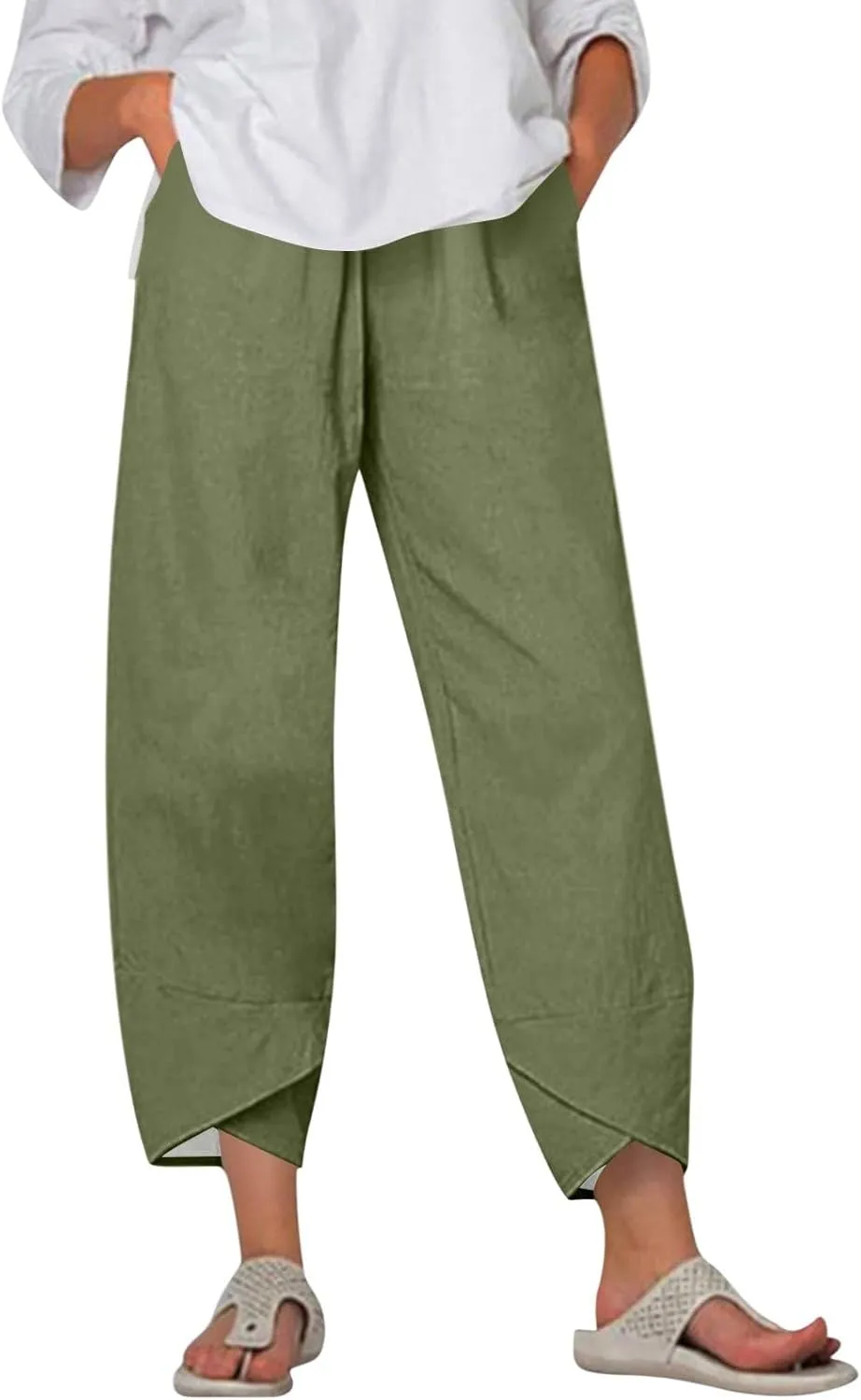 ADHOWBEW Cotton Capri Pants for Women Summer Trendy Wide Leg High Waist Casual Flowy Comfy Drawstring Trousers with Pockets