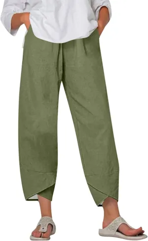 ADHOWBEW Cotton Capri Pants for Women Summer Trendy Wide Leg High Waist Casual Flowy Comfy Drawstring Trousers with Pockets