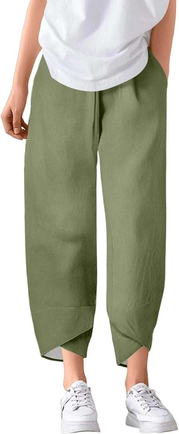 ADHOWBEW Cotton Capri Pants for Women Summer Trendy Wide Leg High Waist Casual Flowy Comfy Drawstring Trousers with Pockets