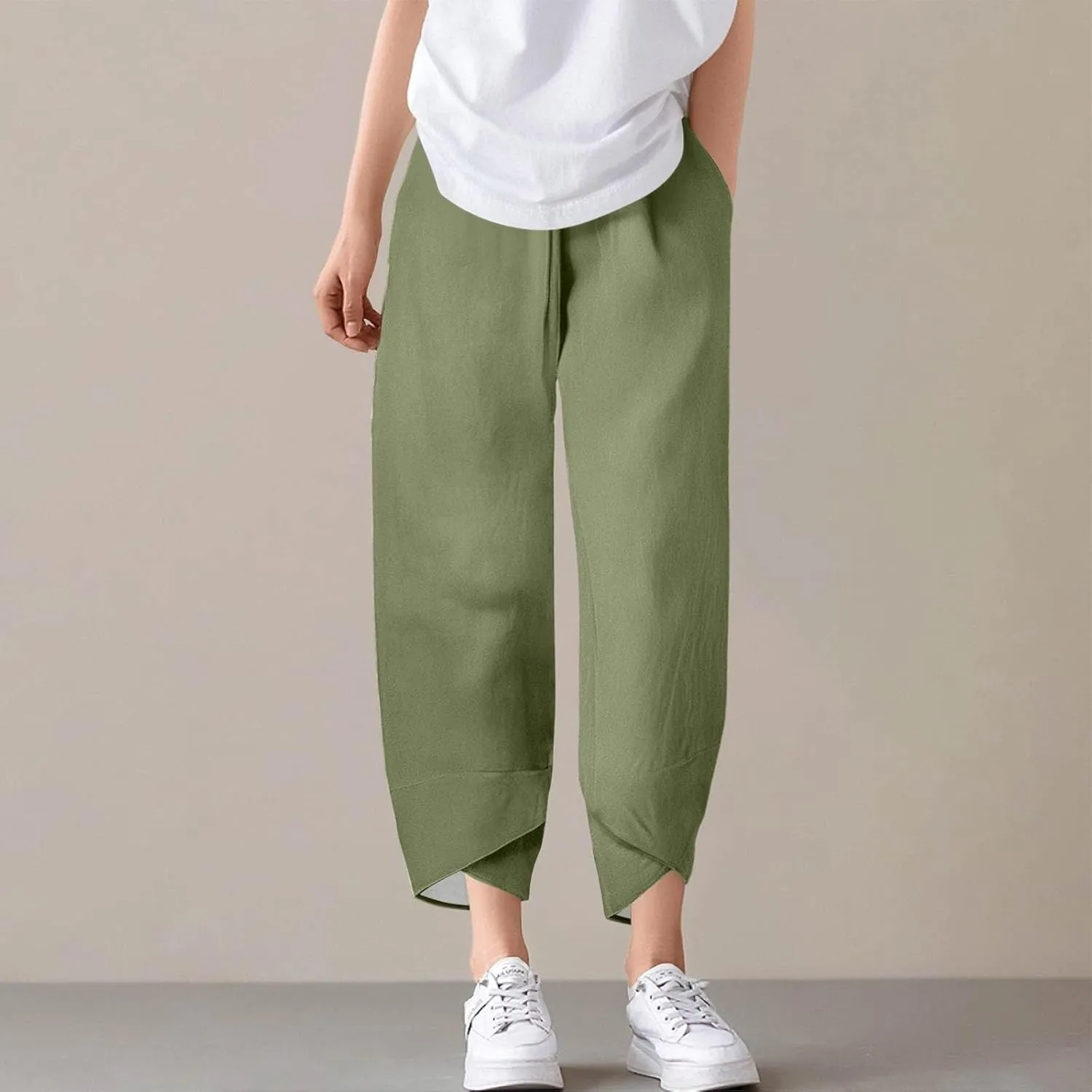 ADHOWBEW Cotton Capri Pants for Women Summer Trendy Wide Leg High Waist Casual Flowy Comfy Drawstring Trousers with Pockets
