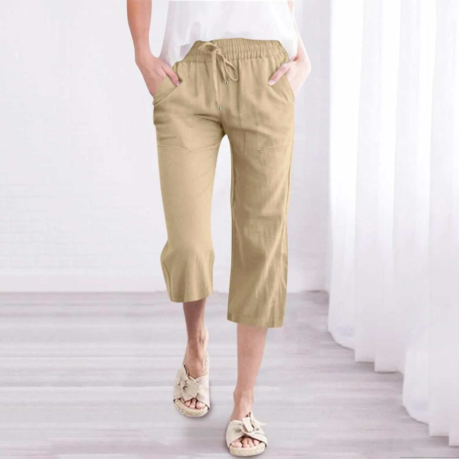 ADHOWBEW Drawstring Linen Pants Women Casual Dressy Work Lounge High Waisted Cotton Plus Size Flowy Petite Stretch Pants