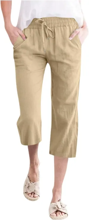 ADHOWBEW Drawstring Linen Pants Women Casual Dressy Work Lounge High Waisted Cotton Plus Size Flowy Petite Stretch Pants