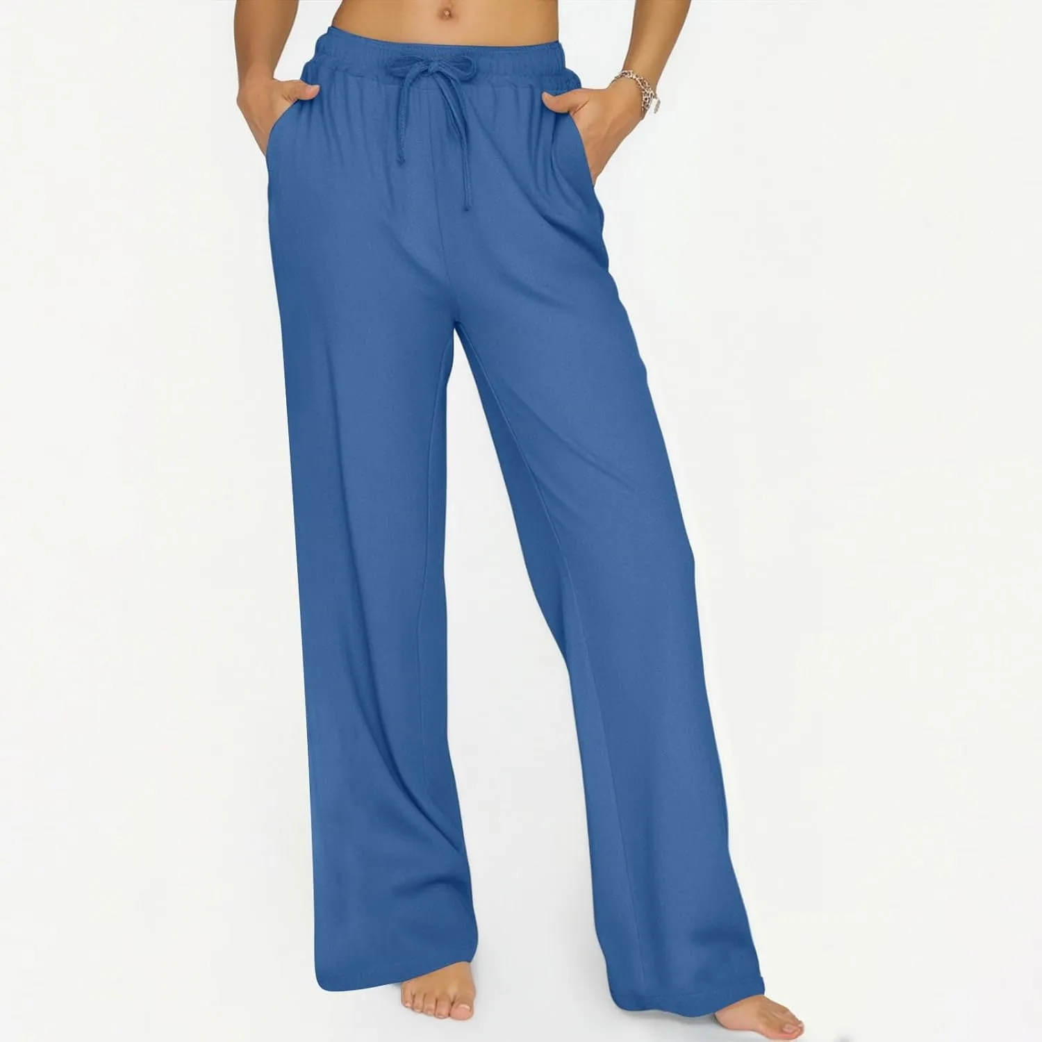 ADHOWBEW Lightweight Capri Pants for Women Casual Cotton Summer Dressy High Waist Drawstring Flowy Slacks with Pockets