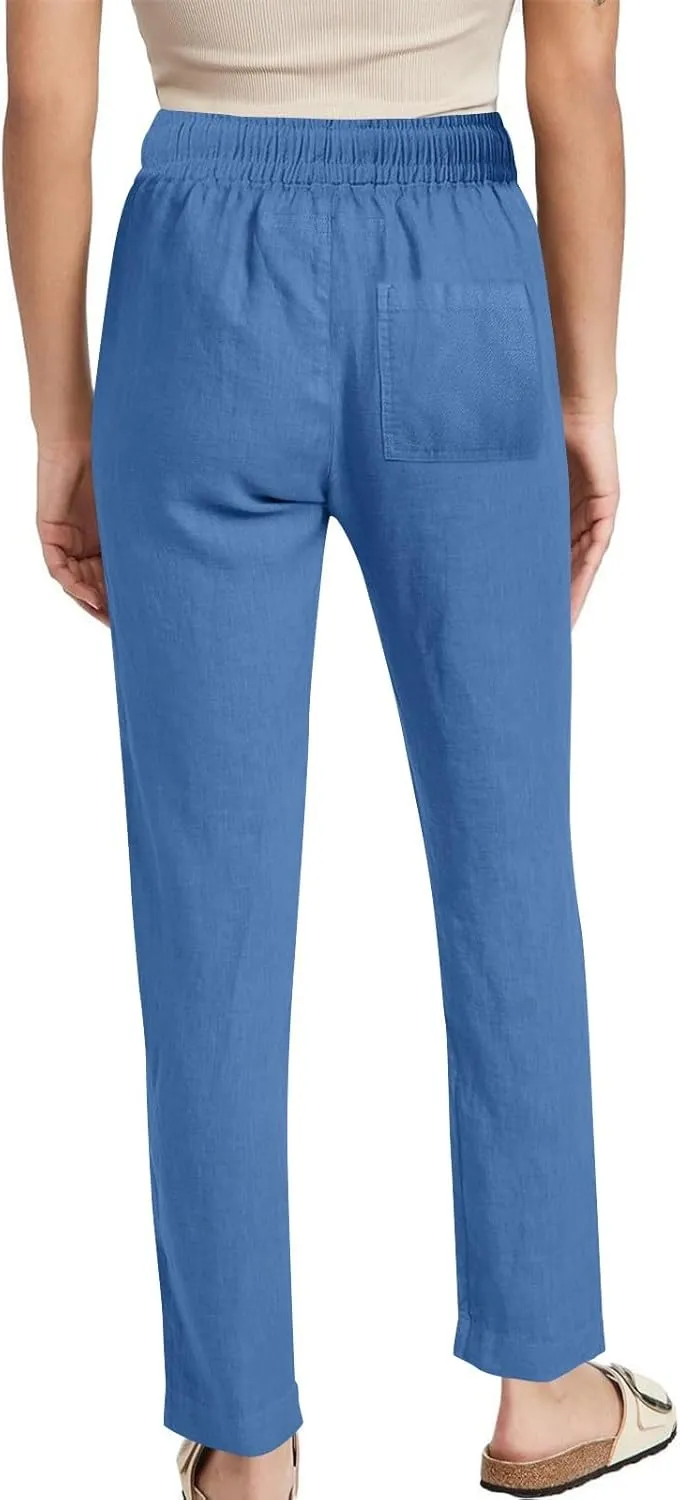 ADHOWBEW Lightweight Capri Pants for Women Casual Cotton Summer Dressy High Waist Drawstring Flowy Slacks with Pockets