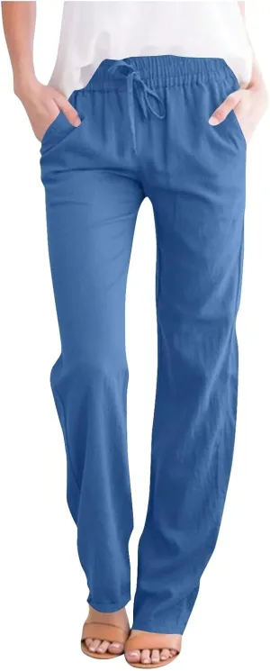 ADHOWBEW Lightweight Capri Pants for Women Casual Cotton Summer Dressy High Waist Drawstring Flowy Slacks with Pockets