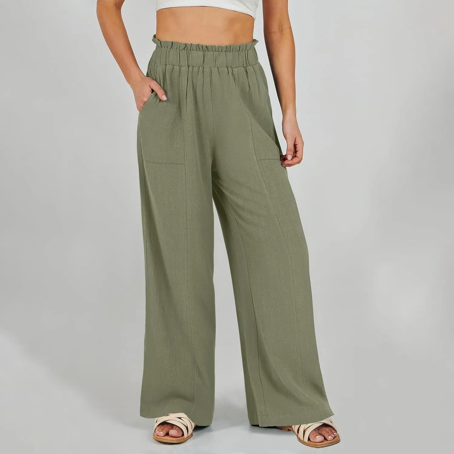 ADHOWBEW Linen Dress Pants Women Cotton Plus Size Dressy Petite Work Flowy Casual Lounge Stretch High Waisted Cotton Pants