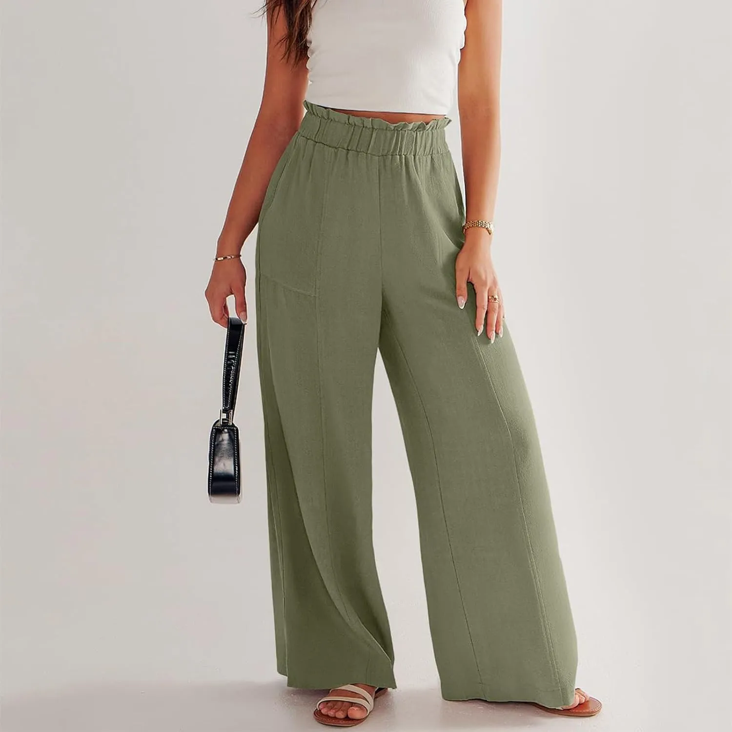 ADHOWBEW Linen Dress Pants Women Cotton Plus Size Dressy Petite Work Flowy Casual Lounge Stretch High Waisted Cotton Pants