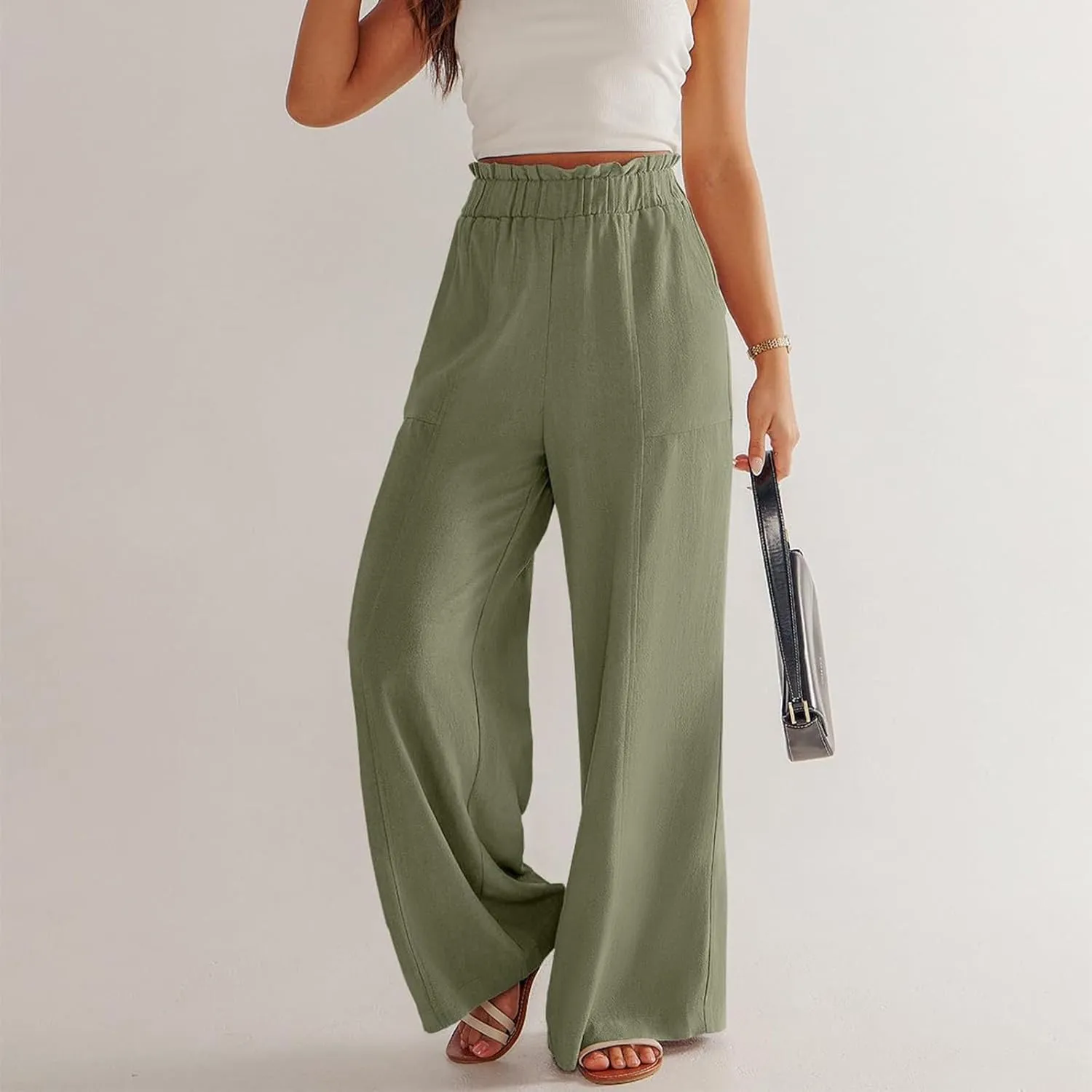 ADHOWBEW Linen Dress Pants Women Cotton Plus Size Dressy Petite Work Flowy Casual Lounge Stretch High Waisted Cotton Pants