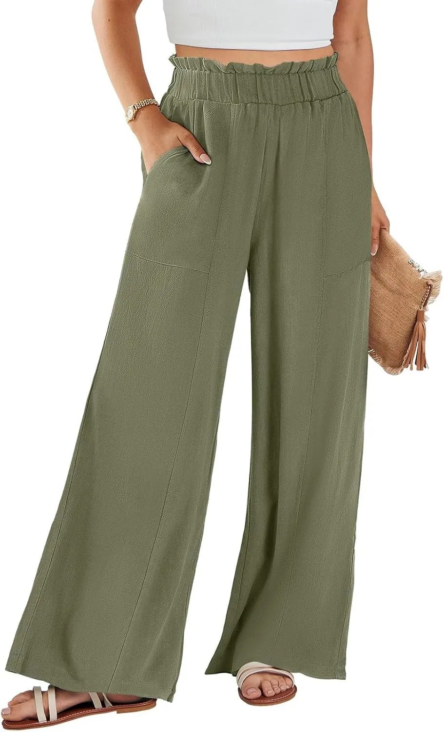 ADHOWBEW Linen Dress Pants Women Cotton Plus Size Dressy Petite Work Flowy Casual Lounge Stretch High Waisted Cotton Pants