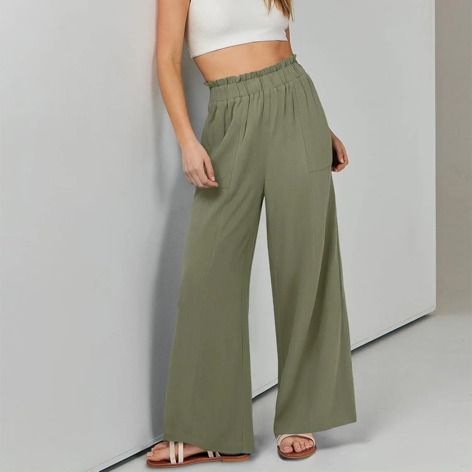 ADHOWBEW Linen Dress Pants Women Cotton Plus Size Dressy Petite Work Flowy Casual Lounge Stretch High Waisted Cotton Pants