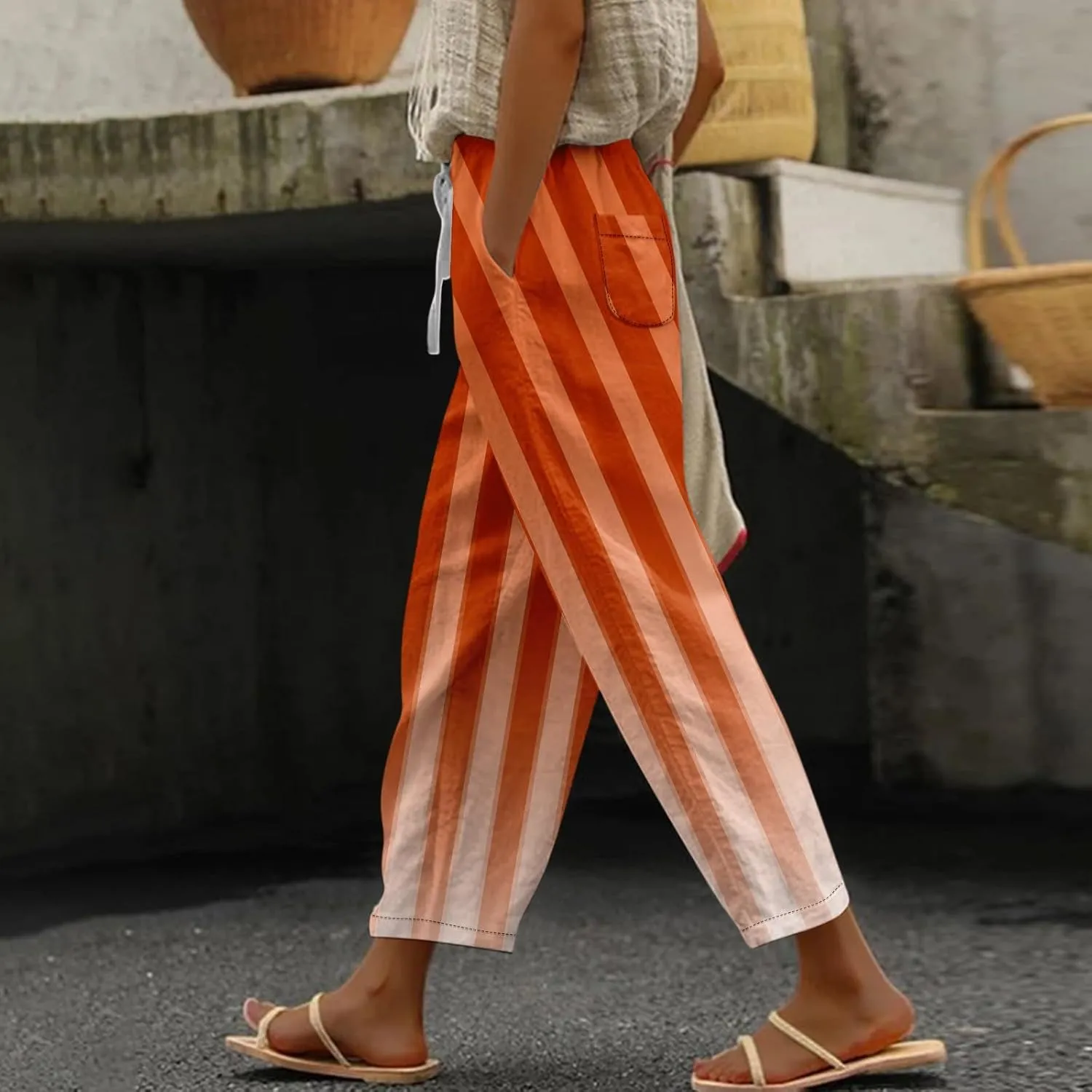 ADHOWBEW Plus Size Capri Pants for Women Dressy Flowy High Waist Casual Cotton Lounge Trendy Summer Bottoms with Pockets