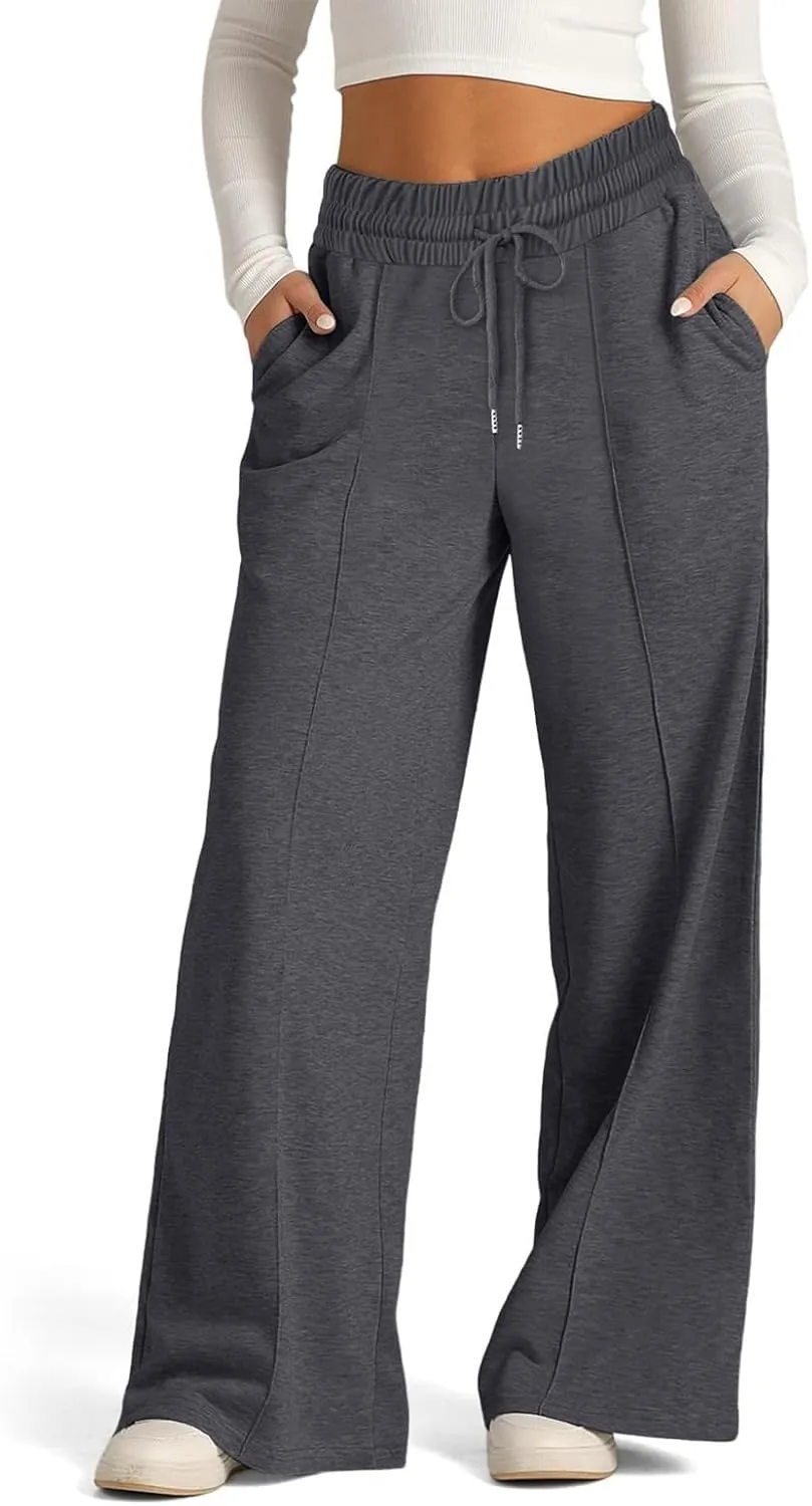 ADHOWBEW Sweat Pants for Womens 2025 Wide Leg High Rise Casual Trendy Elastic Waist Comfy Athletic Joggers