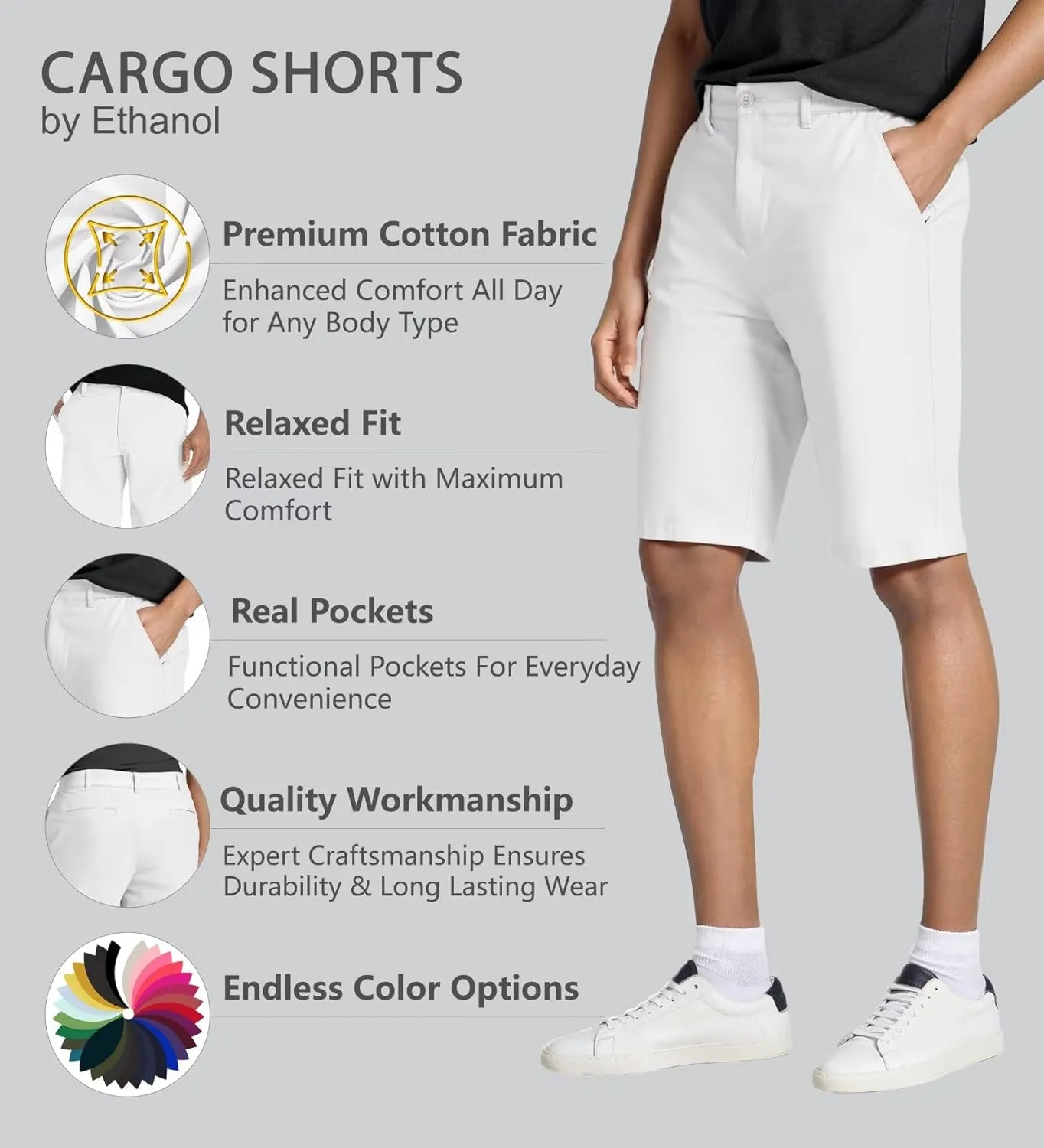 Agile Mens Casual Summer Flat Front Essential Stretch Shorts/Cargo Shorts with Pockets