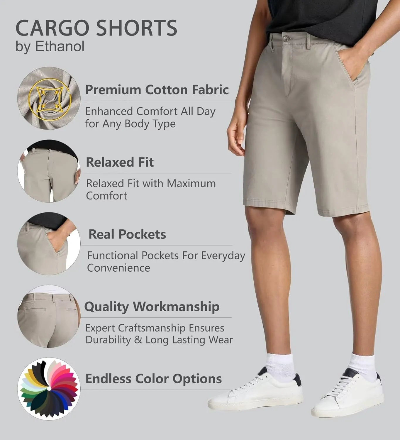 Agile Mens Casual Summer Flat Front Essential Stretch Shorts/Cargo Shorts with Pockets