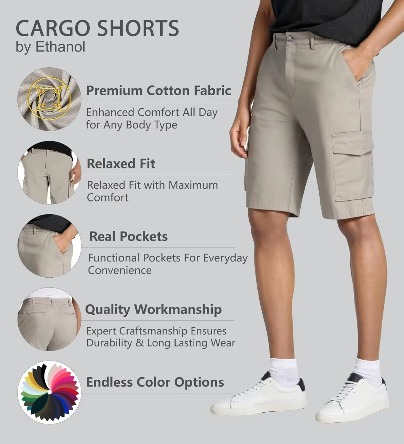 Agile Mens Casual Summer Flat Front Essential Stretch Shorts/Cargo Shorts with Pockets