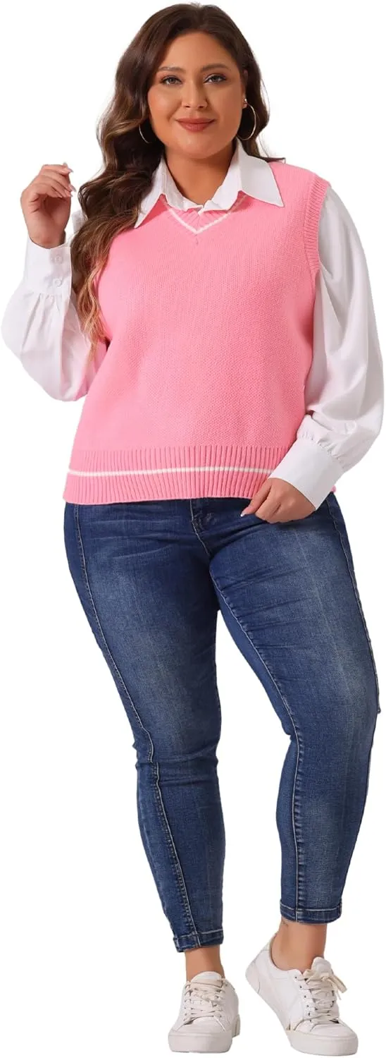 Agnes Orinda Plus Size Sweater Vest for Women V Neck Stripe Cable Knit Sleeveless Pullover Sweater Vest