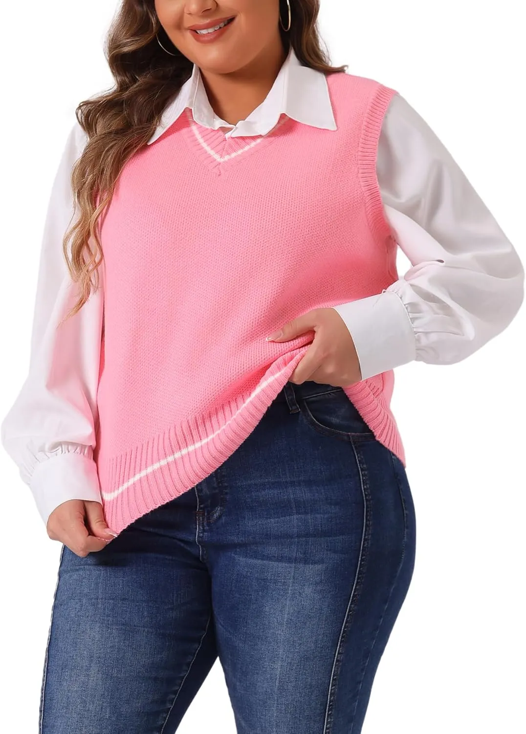Agnes Orinda Plus Size Sweater Vest for Women V Neck Stripe Cable Knit Sleeveless Pullover Sweater Vest