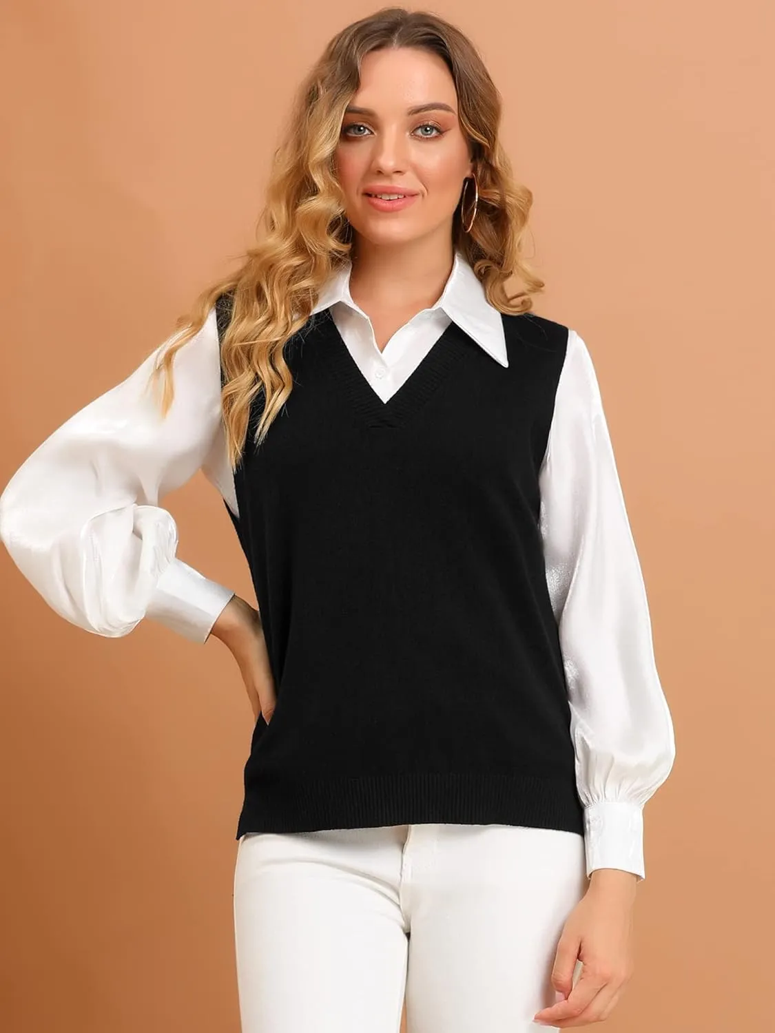 Allegra K Women's V Neck Sweater Vest Knit Pullover Sleeveless Sweater Top