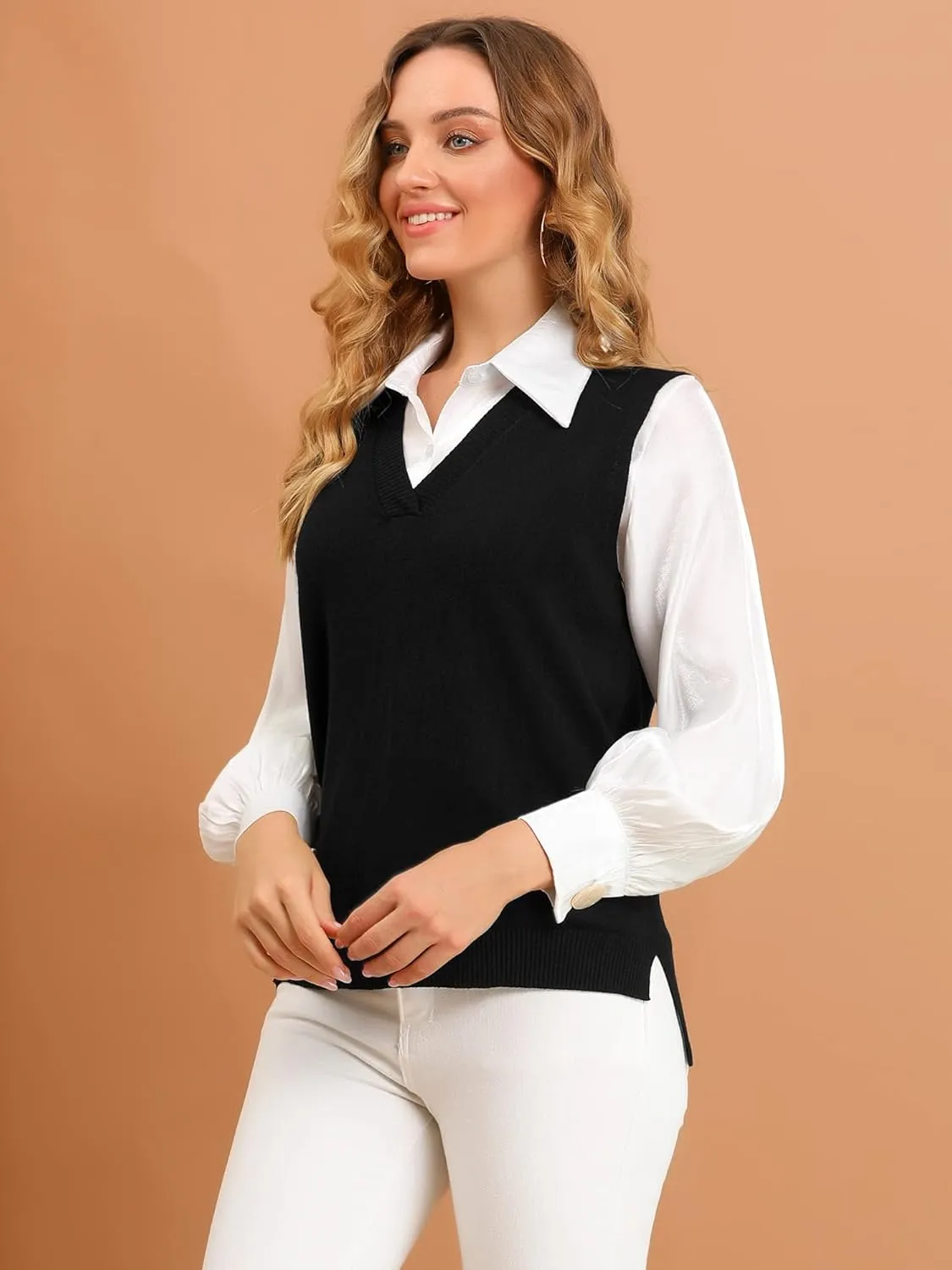 Allegra K Women's V Neck Sweater Vest Knit Pullover Sleeveless Sweater Top