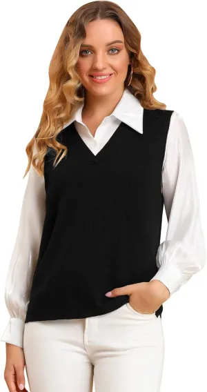 Allegra K Women's V Neck Sweater Vest Knit Pullover Sleeveless Sweater Top
