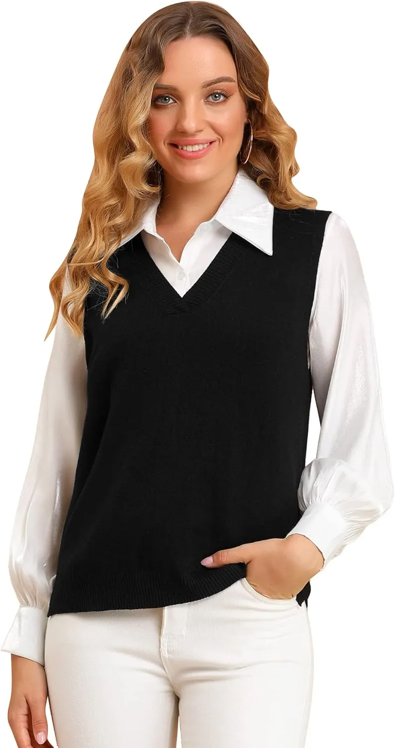Allegra K Women's V Neck Sweater Vest Knit Pullover Sleeveless Sweater Top