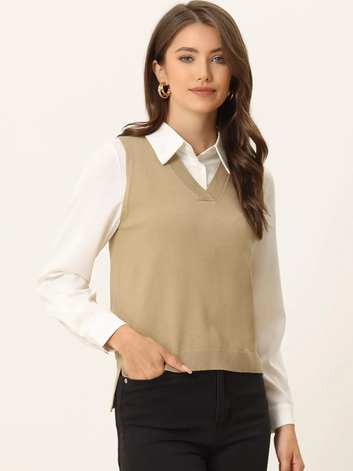 Allegra K Women's V Neck Sweater Vest Knit Pullover Sleeveless Sweater Top
