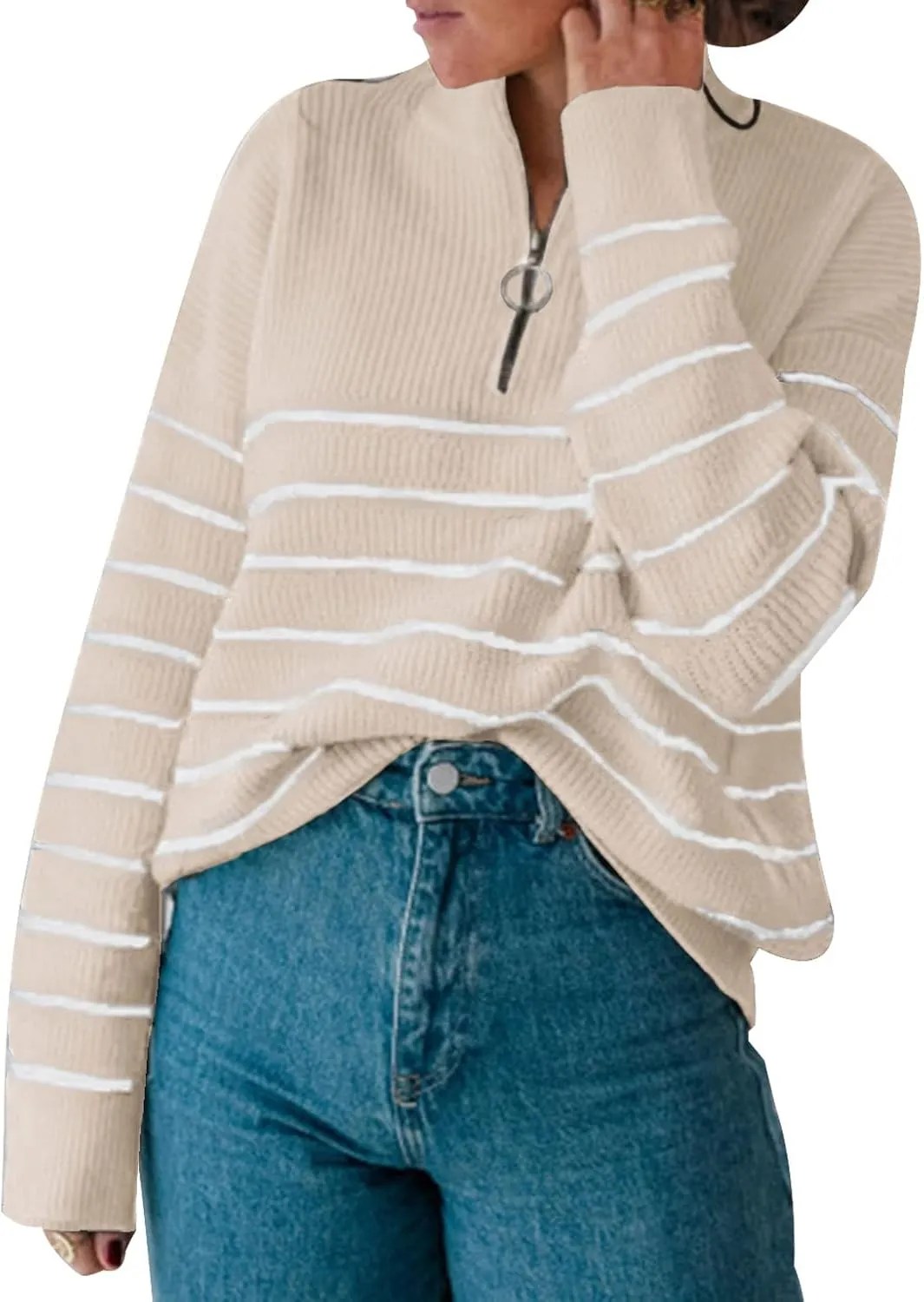Amkoyam Women's Striped Sweaters 2023 Long Sleeves Knitted Casual Pullovers Loose Shirt Tops with Button Fall Winter