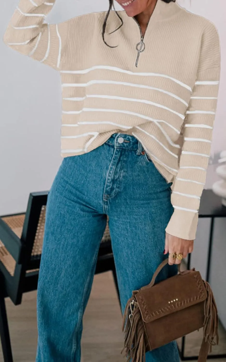 Amkoyam Women's Striped Sweaters 2023 Long Sleeves Knitted Casual Pullovers Loose Shirt Tops with Button Fall Winter
