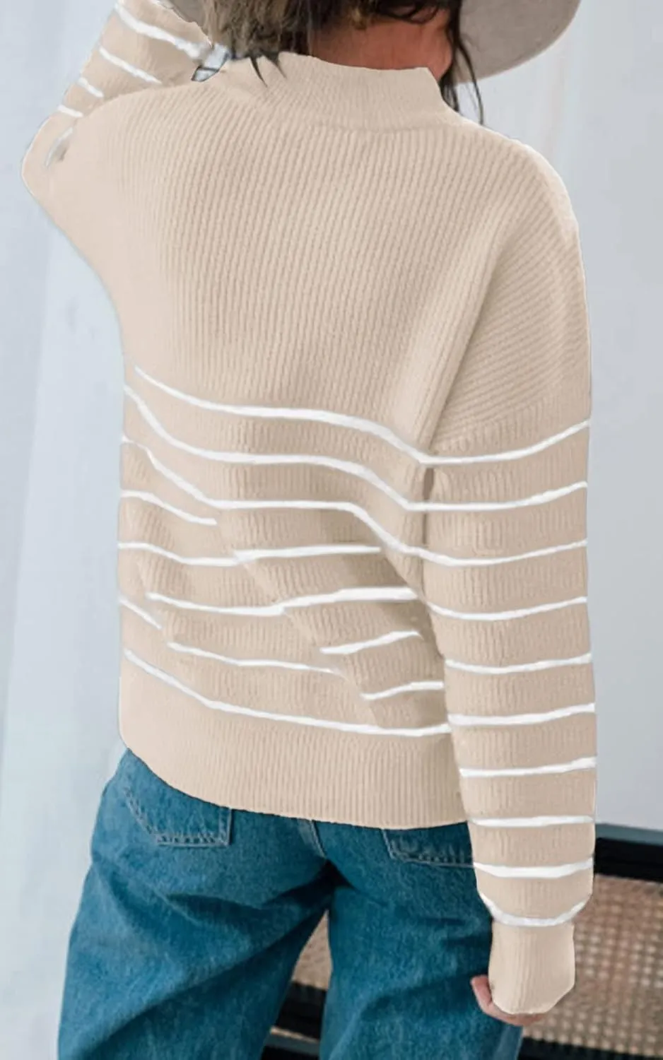 Amkoyam Women's Striped Sweaters 2023 Long Sleeves Knitted Casual Pullovers Loose Shirt Tops with Button Fall Winter