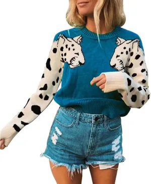 Angashion Women's Sweaters Casual Floral Printed Patchwork Long Sleeves Knitted Pullover Cropped Sweater Tops