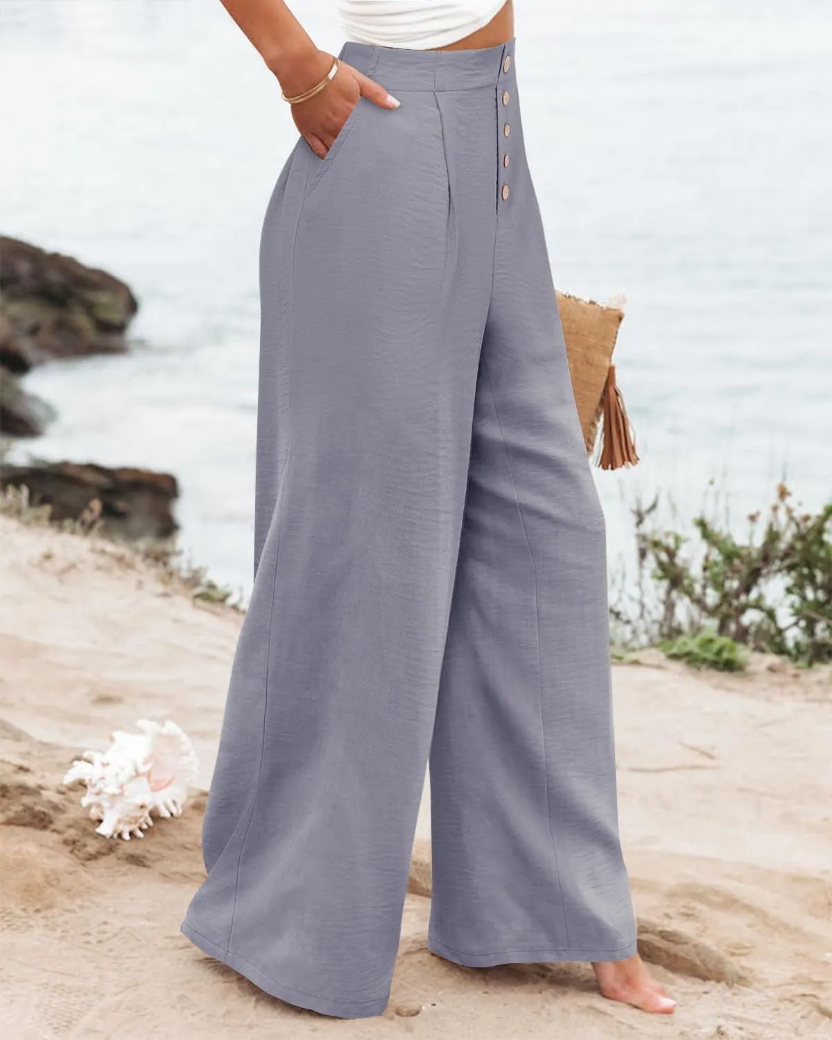 Angerella Women's Casual Wide Leg Pants High Elastic Waisted in The Back Business Work Trousers Long Pants with Pocket