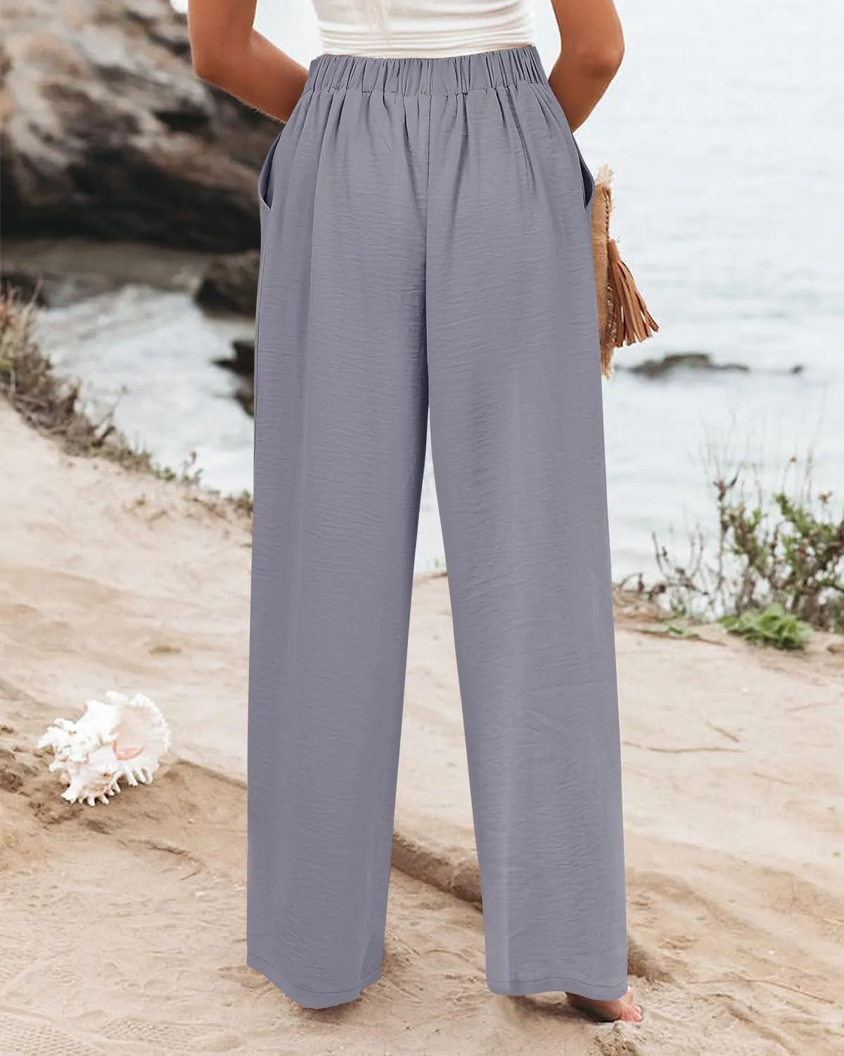 Angerella Women's Casual Wide Leg Pants High Elastic Waisted in The Back Business Work Trousers Long Pants with Pocket