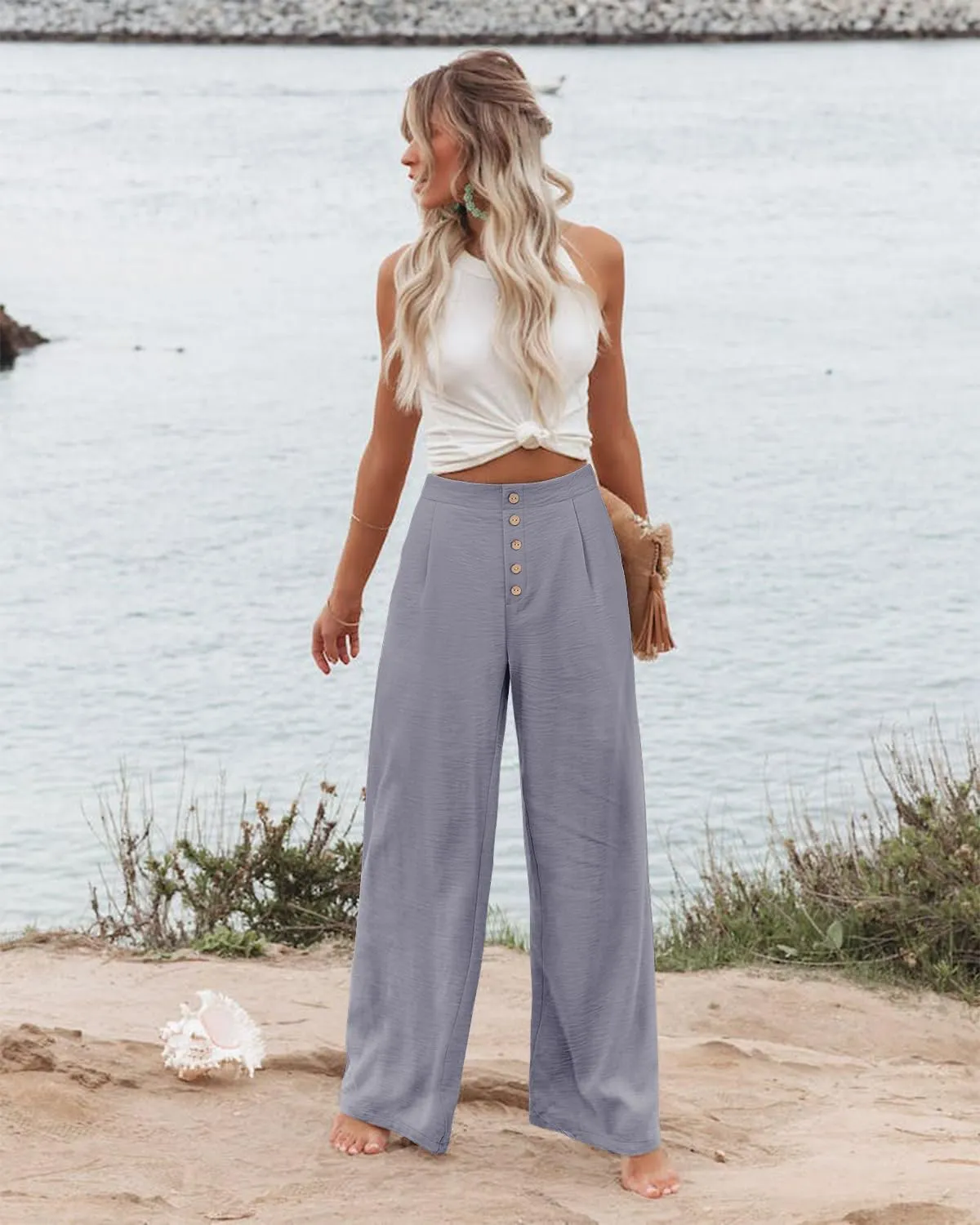 Angerella Women's Casual Wide Leg Pants High Elastic Waisted in The Back Business Work Trousers Long Pants with Pocket
