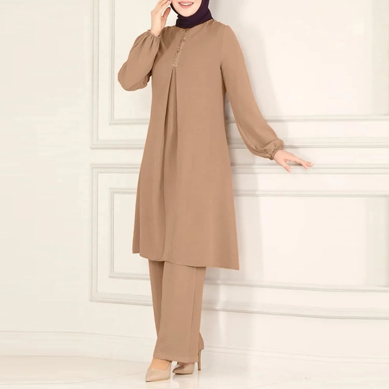 Aniywn Muslim Casual 2 Piece Set for Women Long Sleeve Loose Top Wide Leg Pants Suit Plus Size Outfit Prayer Clothes No Hijab