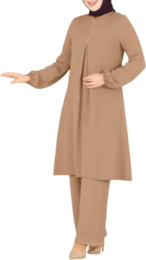 Aniywn Muslim Casual 2 Piece Set for Women Long Sleeve Loose Top Wide Leg Pants Suit Plus Size Outfit Prayer Clothes No Hijab