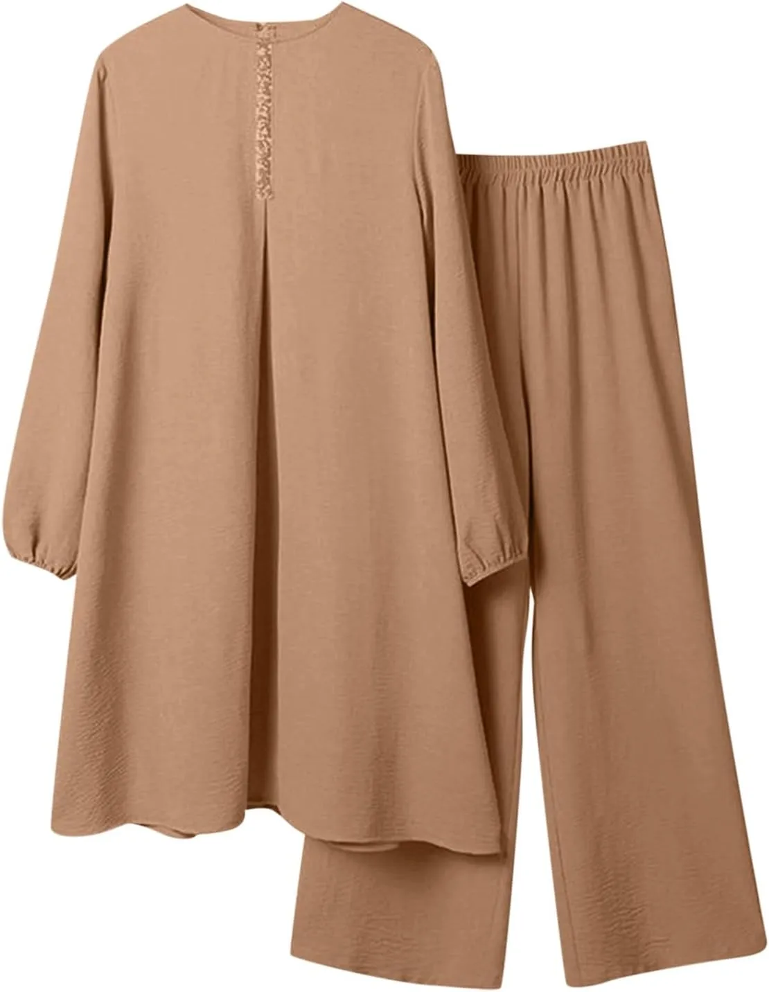 Aniywn Muslim Casual 2 Piece Set for Women Long Sleeve Loose Top Wide Leg Pants Suit Plus Size Outfit Prayer Clothes No Hijab