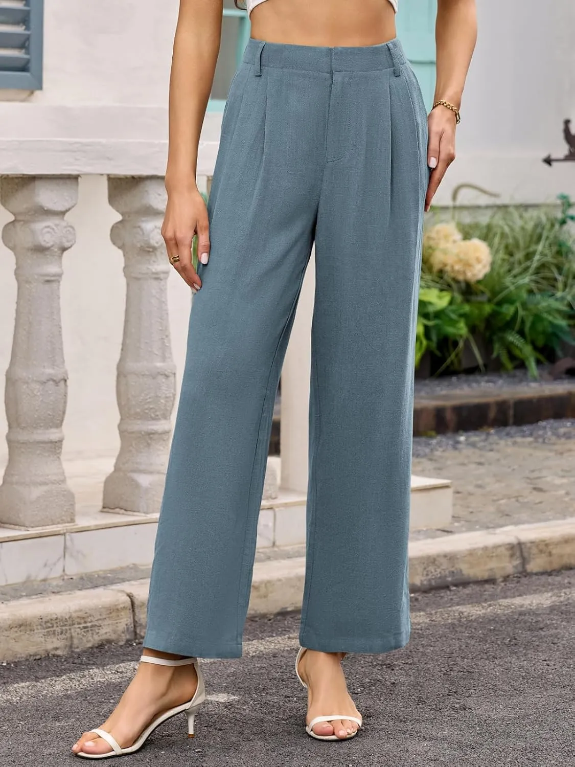 ANRILITA Linen Pants for Women High Waist Casual Flowy Pant Summer Wide Leg Trousers with Pocket