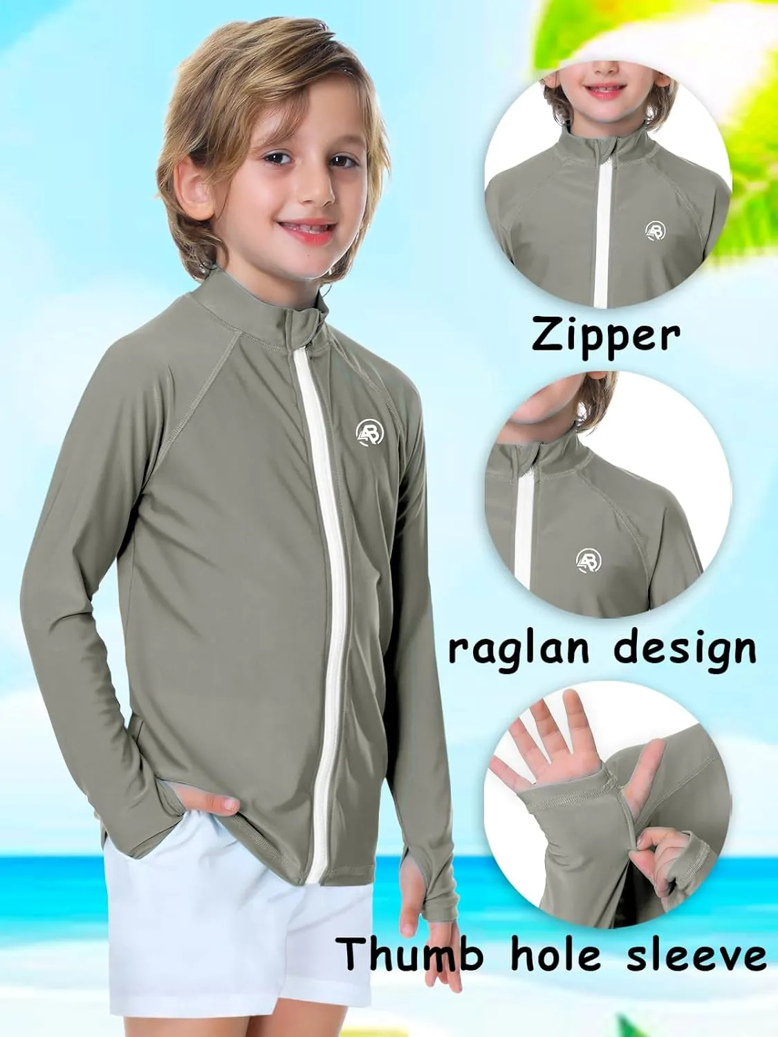 AOBUTE Unisex Kids Zipper Rash Guard Boys UPF 50  UV Protection Sun Shirt with Thumb Hole 3-12 Years