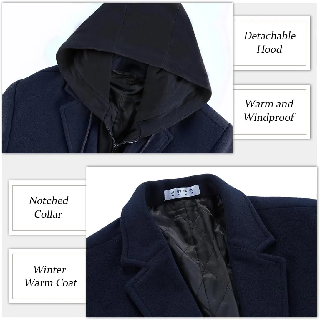 APTRO Men's Wool Trench Coat Winter Hoodie Coat Premium Business Wool Jacket